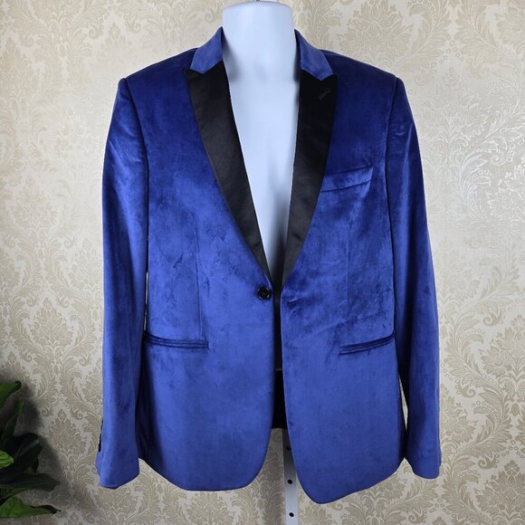 Guess Size Medium Blue Velvet Blazer 1 Button Front Black Satin Lapels 3 Pocket - Picture 9 of 15